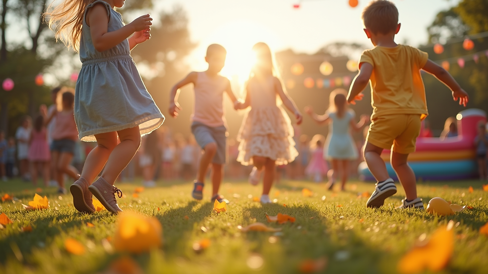 Vista aérea de festa infantil com tobogã inflável e crianças brincando