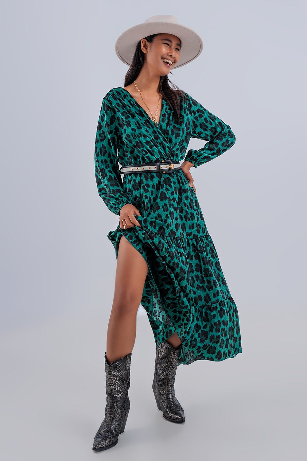 Green Maxi Wrap Dress With Long Sleeve