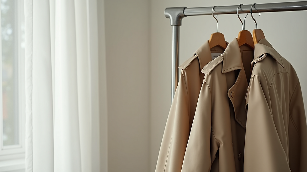 Eye-level view of a beige trench coat hanging on a minimalist rack