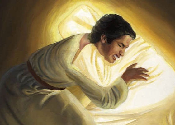 Art of Jacob wrestling a being robed in white and glowing gold; Jacob looks young, has brown skin, and has a pained or determined look on his face