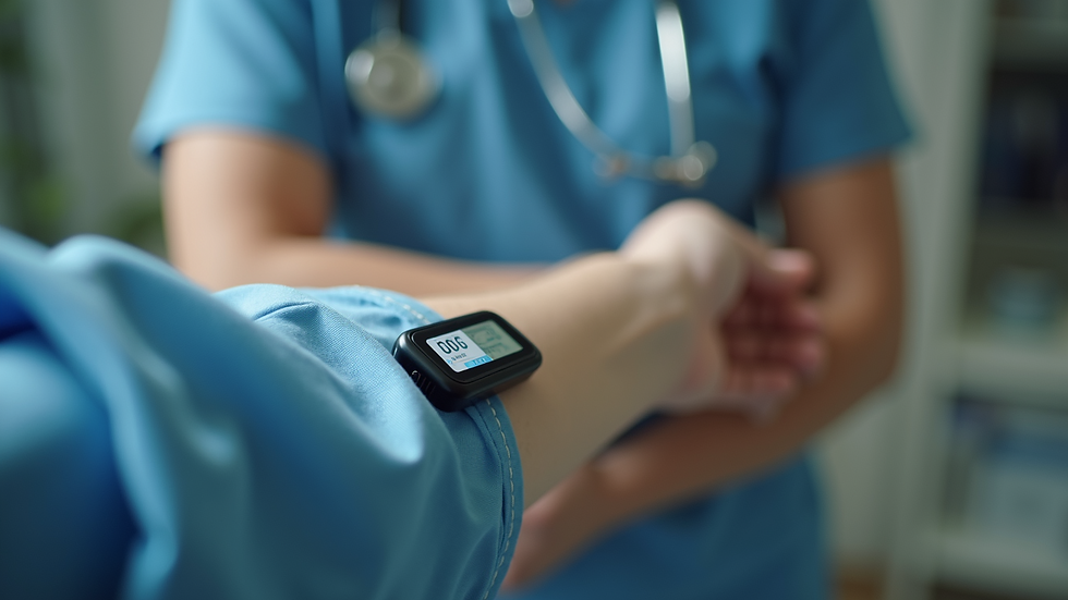 Eye-level view of a continuous glucose monitoring sensor attached to the arm
