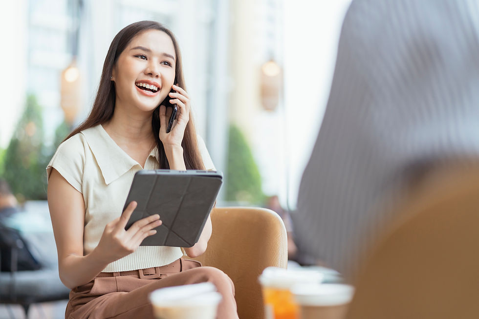 Female smile enjoy working with smartphone