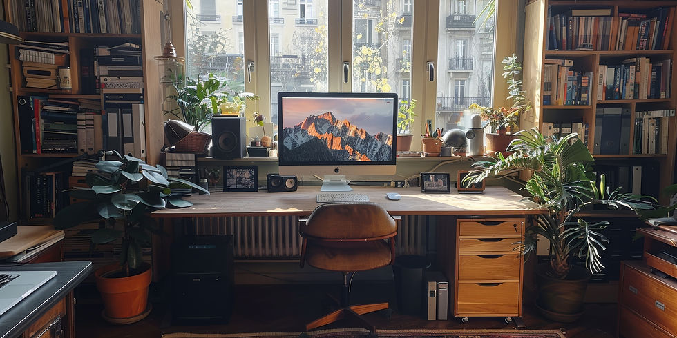 Cozy, sunlit home office with a wooden desk and bookshelves