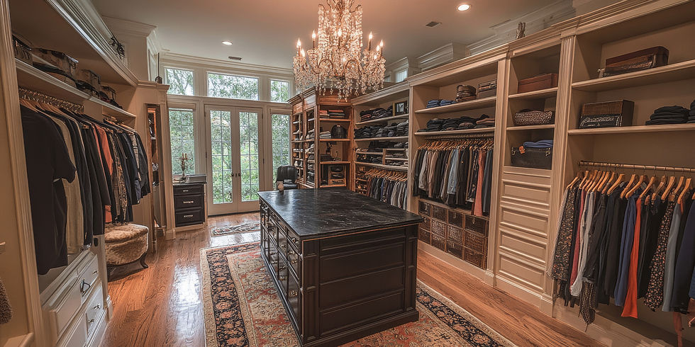 Luxury walk-in closet with warm lighting