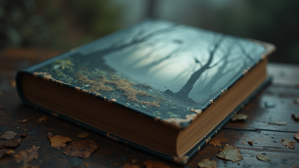 Eye-level view of a captivating book cover featuring a mysterious landscape