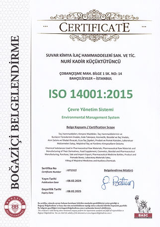 Suvar Kimya ISO 14001:2015 Belgesi