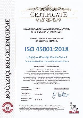 Suvar Kimya ISO 45001:2018 Belgesi