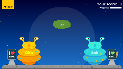 Obb and Bob space and alien themed CVC word interactive game online