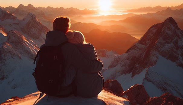 Pareja abrazada al amanecer en la montaña, reflejo del bienestar y la conexión alcanzados en terapia de pareja.