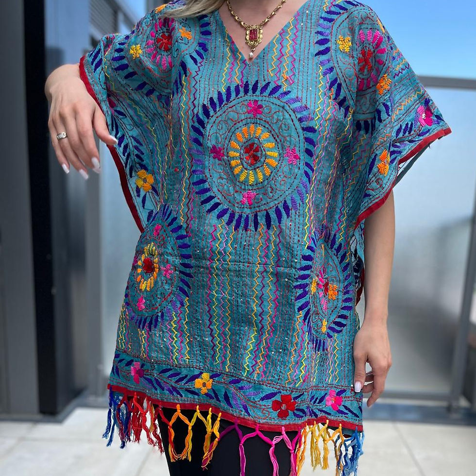 Handmade Embroidered Pancho - Blue Jay Egg Stitch