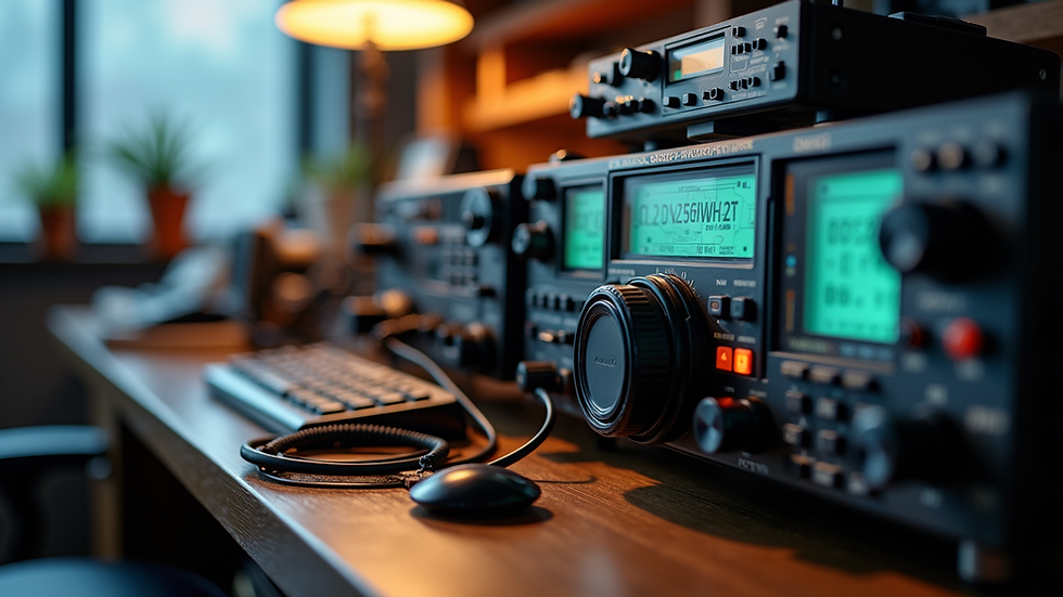Eye-level view of a ham radio setup with various equipment