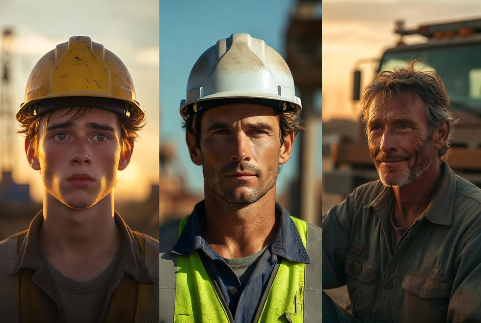 Three construction workers in helmets at a site. Sunset in the background, highlighting serious, focused expressions. Industrial setting.