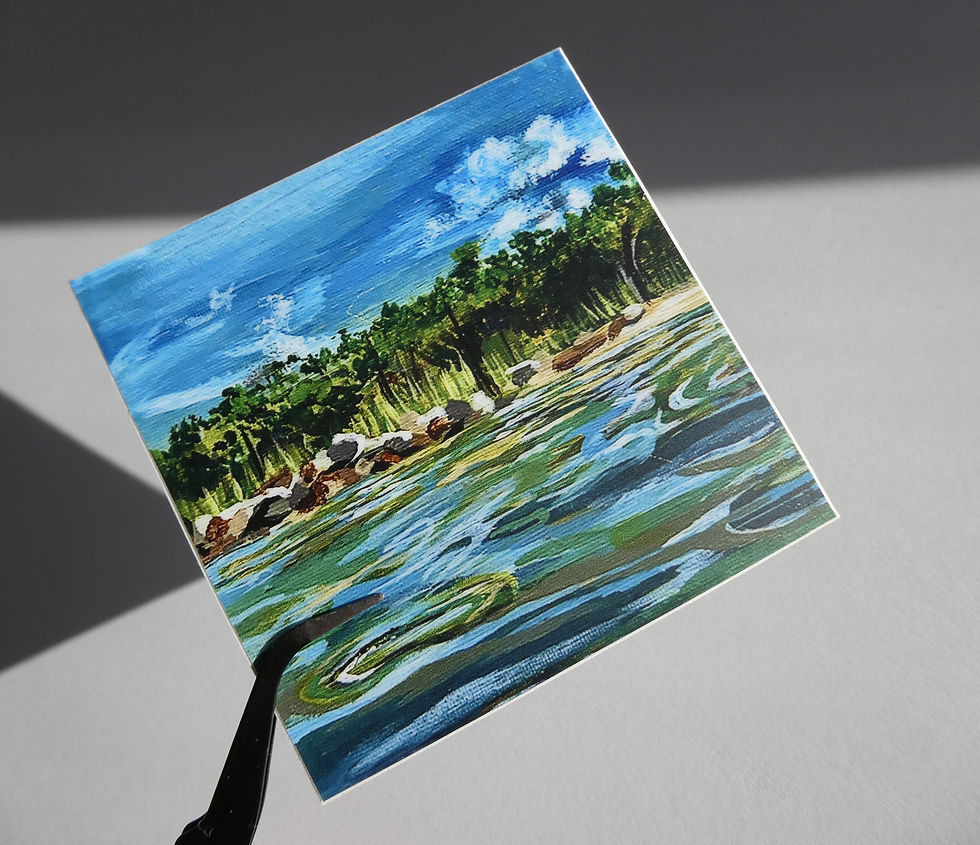 Thumbnail: Square Sticker of a beach painting. Featuring lots of blues, greens, browns, and heavy brushstrokes.