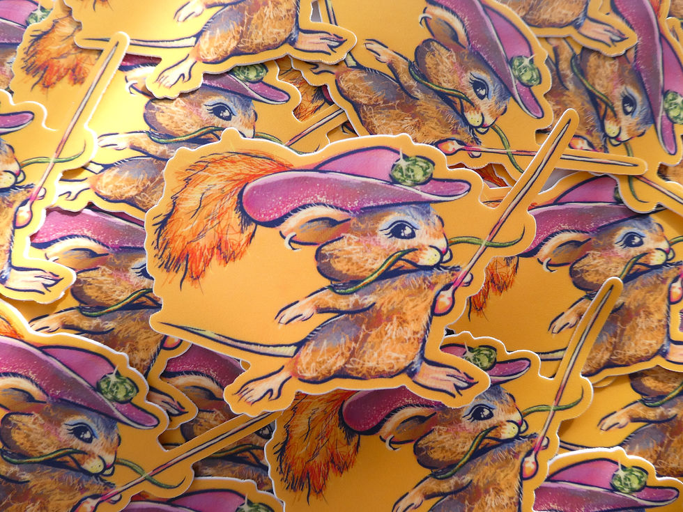 Thumbnail: A sticker of a mouse wearing a theatrical feathered sword fighting hat with an orange background.