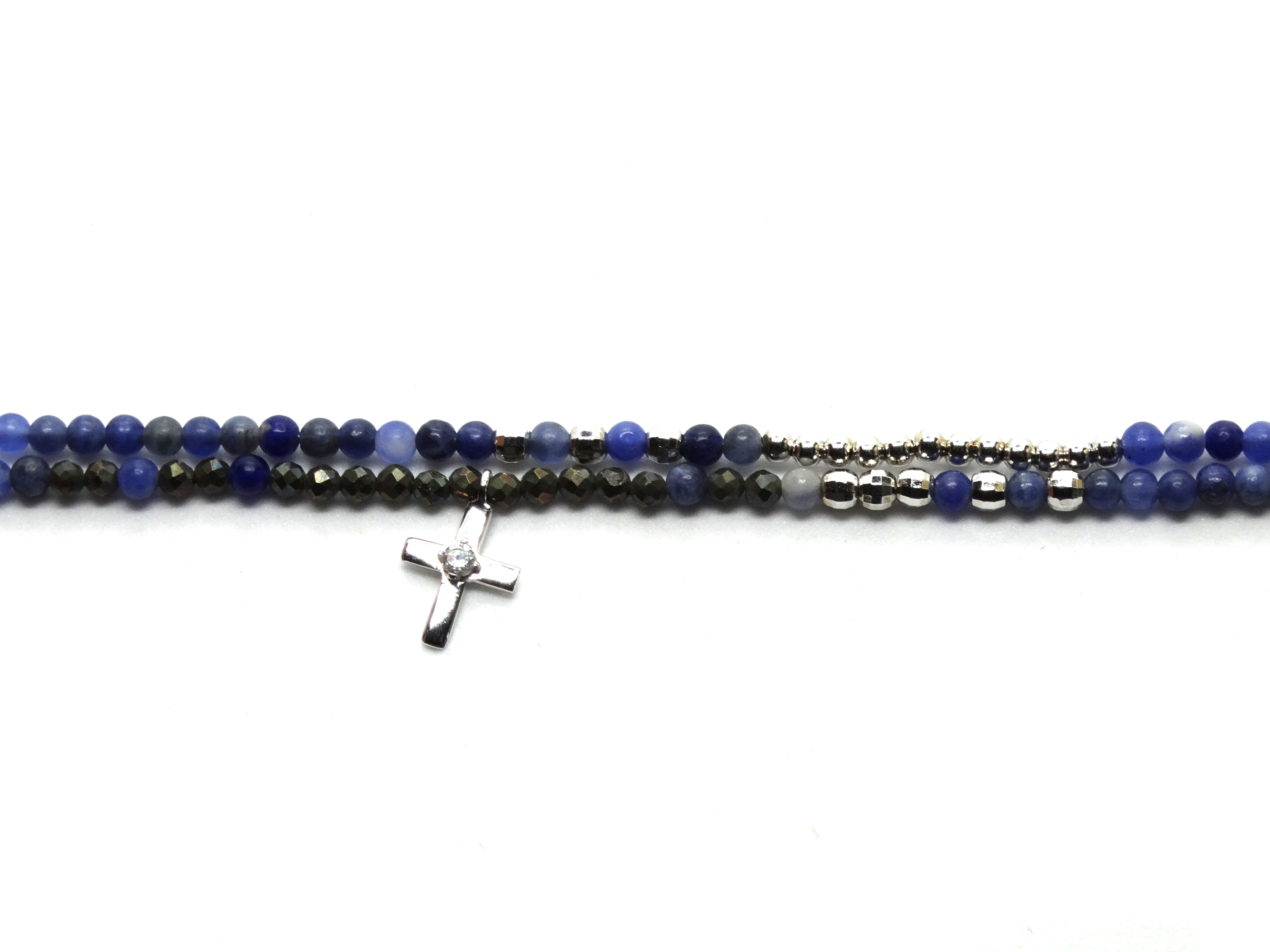 Bracelet Croix Argent Perles Naturelles Bleues