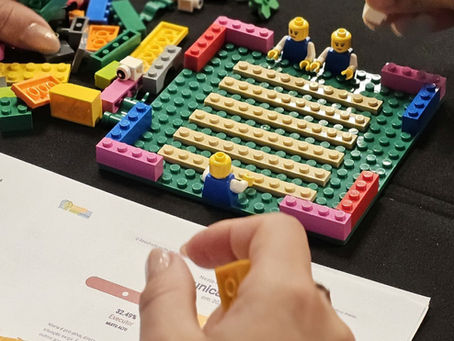 relatório disc e peças de lego ao fundo