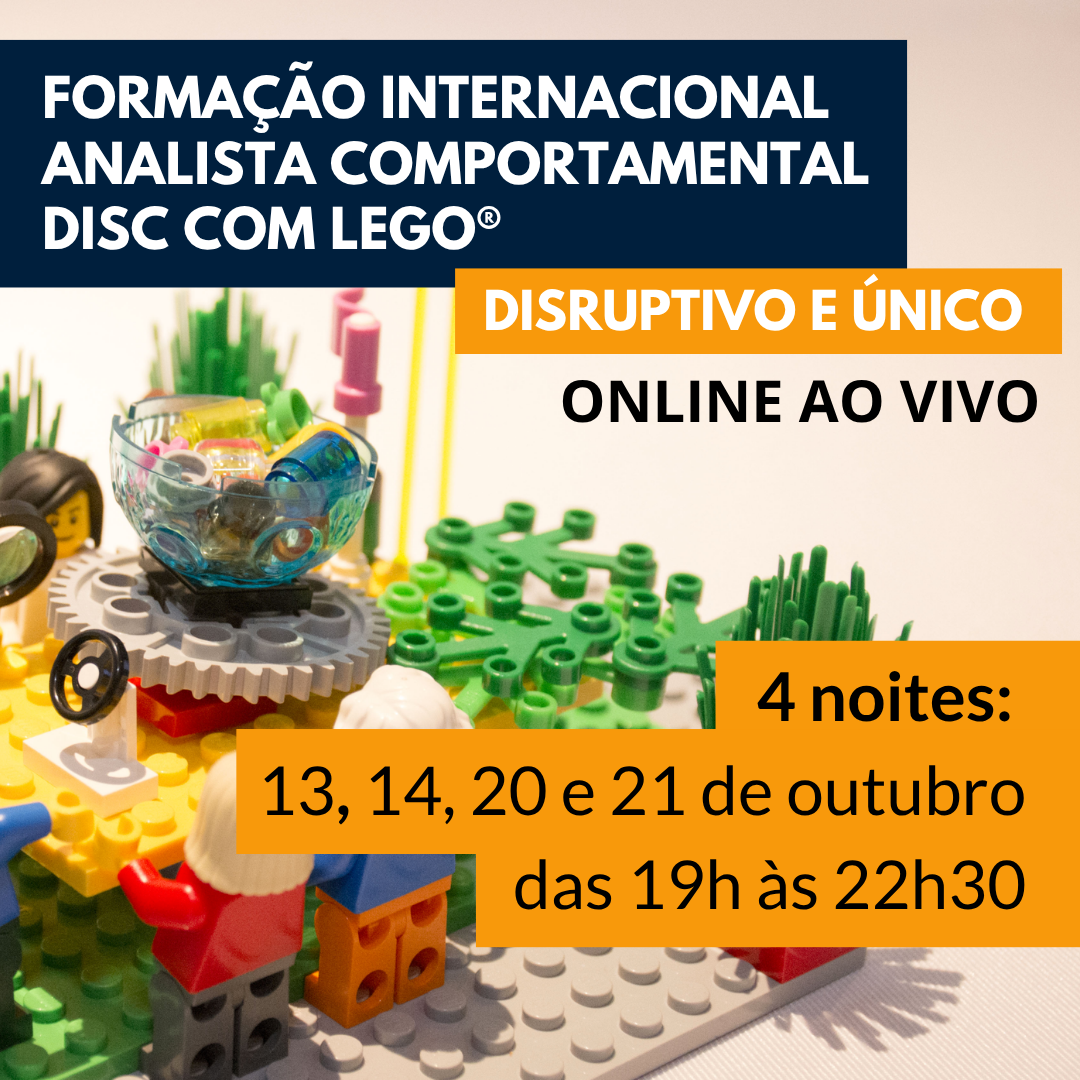 Card da Formação Internacional de Analista Comportamental DISC com LEGO®, na modalidade online ao vivo, com peças LEGO® e par