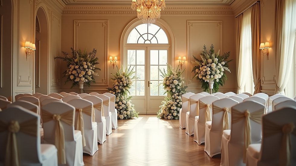Wide angle view of a beautifully decorated wedding venue