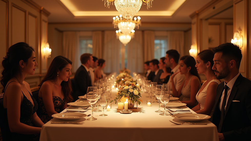 Wide angle view of elegantly decorated banquet hall with guests enjoying dinner