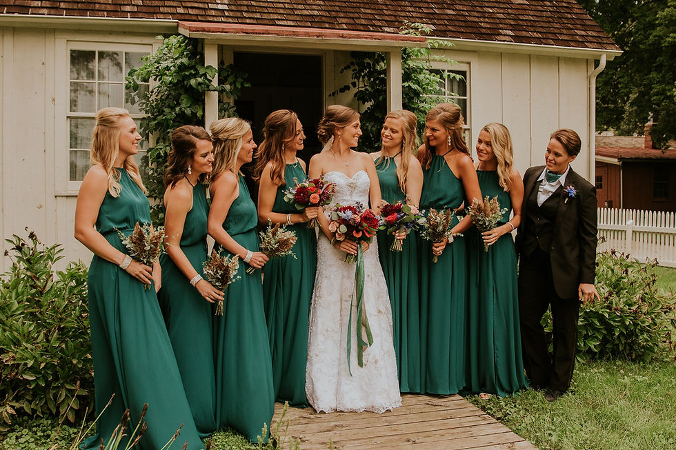 bridesmaids in green dresses at Herbert Hoover museum in West Branch Iowa