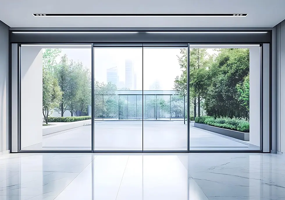 Modern glass sliding doors looking out to city park