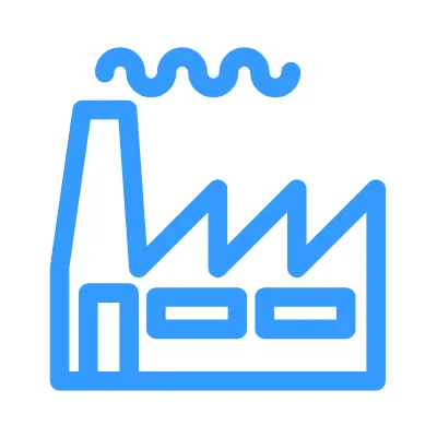 Blue factory icon with a smoking chimney.