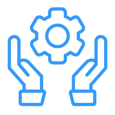 Blue icon of hands cupping a gear