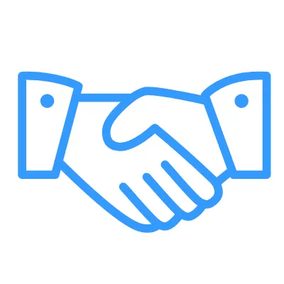 Blue outline icon of two hands shaking.