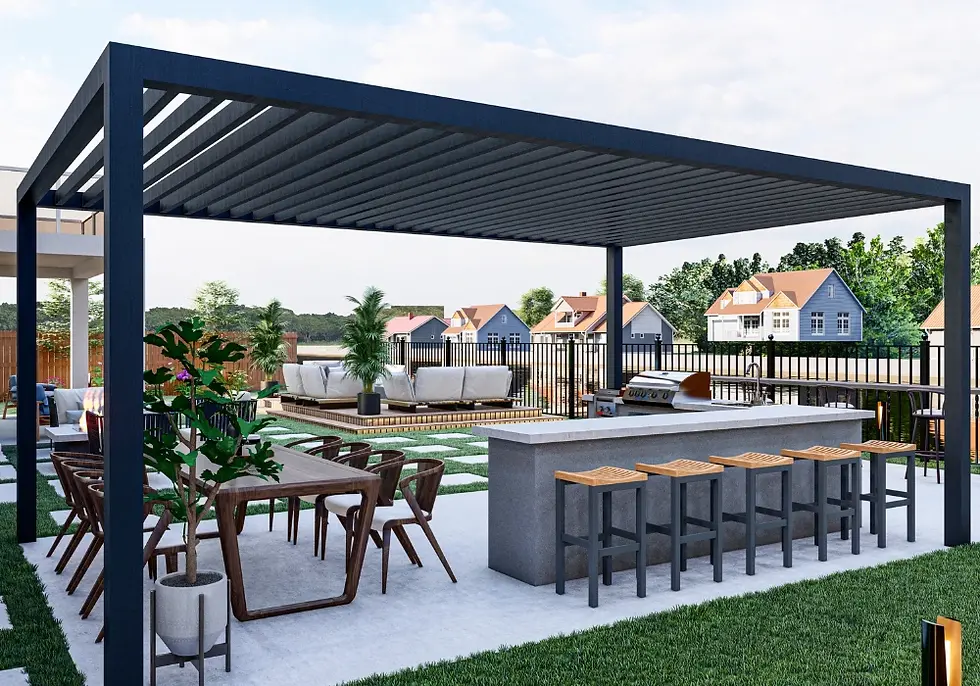 Modern backyard patio with pergola and outdoor kitchen