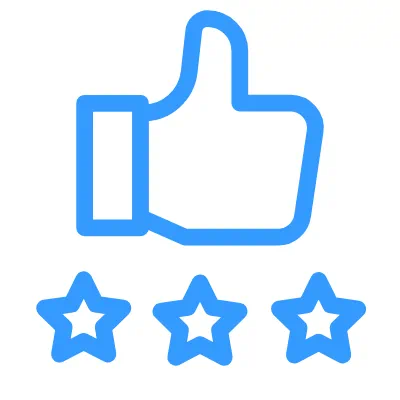 Blue thumbs up icon with three stars below it