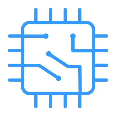 Blue computer chip icon with circuit lines