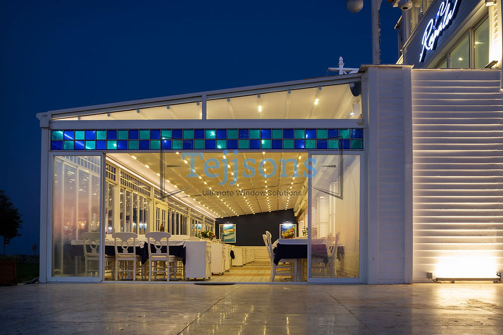Modern white pergola with integrated lighting over a patio.