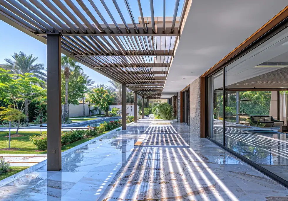 Modern marble patio with wooden pergola and garden view