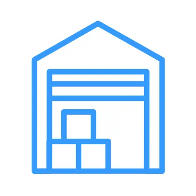Blue outline icon of a warehouse with stacked boxes