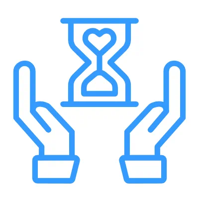 Hands cupping a heart-shaped hourglass icon