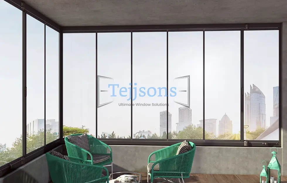 Tejjsons floor-to-ceiling balcony windows and patio furniture.