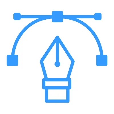 Blue vector pen tool icon with a curved line.