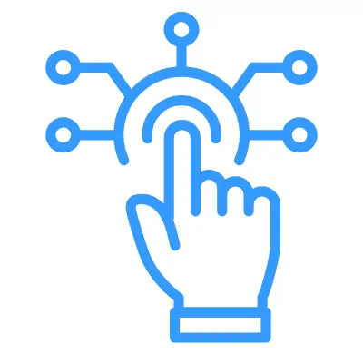 Hand icon touching a central node in a digital network.
