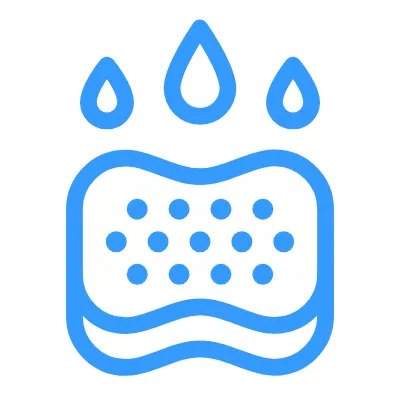 Blue icon of a porous sponge with water droplets above it.