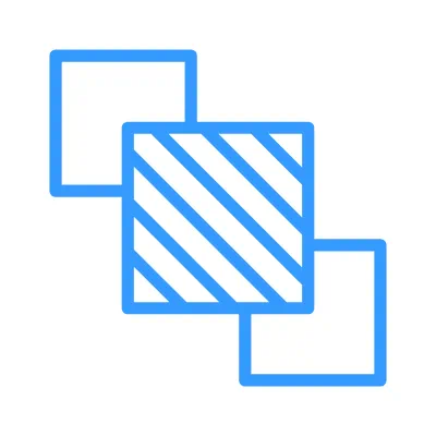 Blue icon of three overlapping squares with diagonal lines