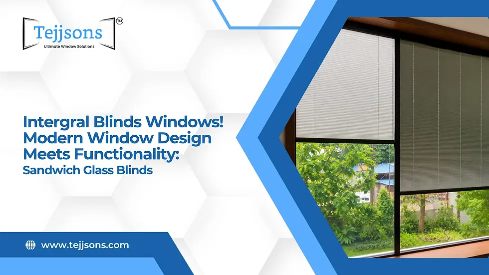 Integral blinds inside a window overlooking green trees.