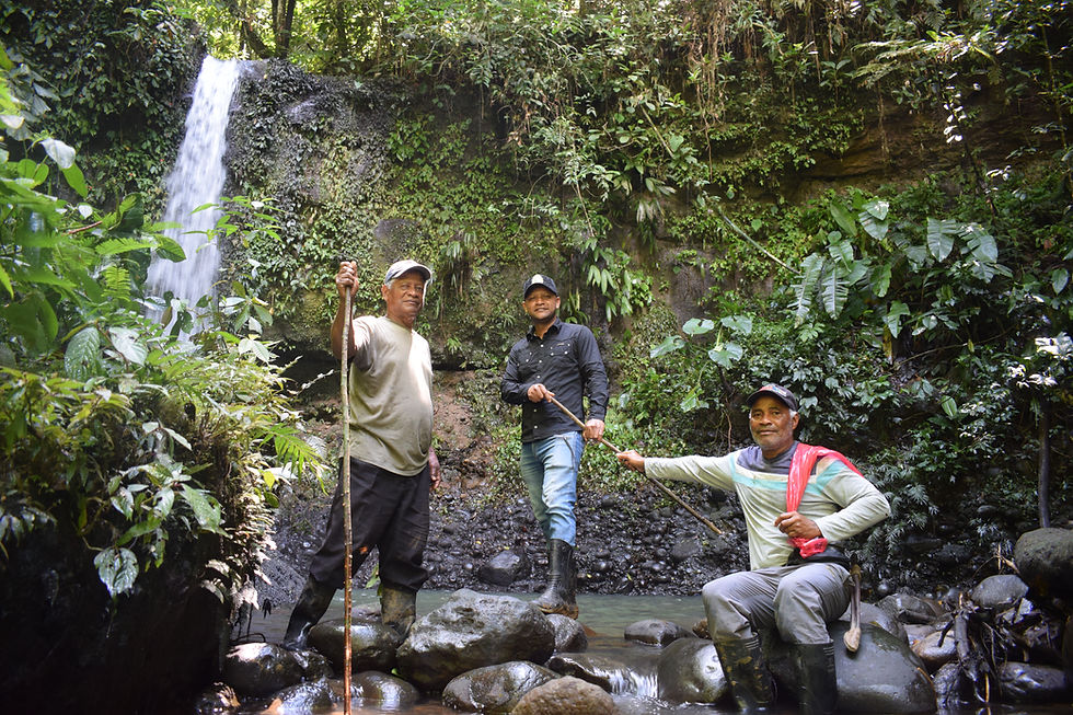 Pedronel, Pedro y Gustavo Castillo en la chorrera Sardinas, en un recorrido de reconocimiento de la afectación de su territorio ancestral. Foto: Paola Jinneth Silva.