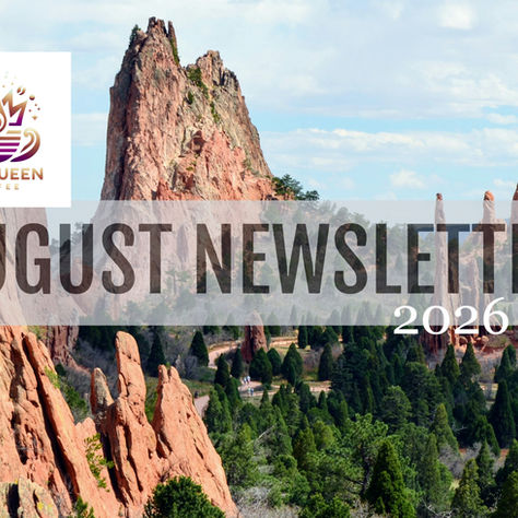 Drip Queen Coffee August 2026 newsletter cover with the Garden of the Gods rock formations in Colorado Springs