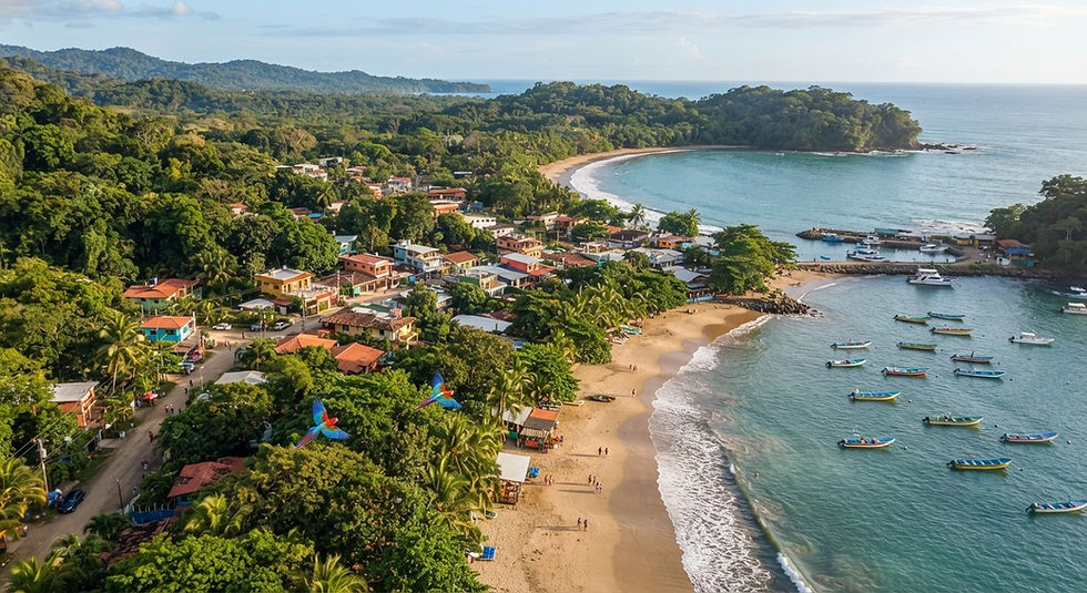 Vista de pájaro de un pueblo de playa costarricense y su bahía, rodeado de selva. La imagen representa el entorno sereno y accesible para pequeñas salidas, ideal para el bienestar de los acompañantes de pacientes médicos que se recuperan en la cercana Gran Área Metropolitana.