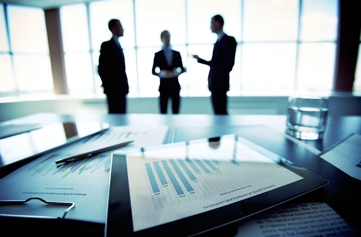 Tableta digital con gráficos financieros de barras y documentos contractuales sobre un escritorio, con asesores corporativos al fondo analizando qué alquileres están exentos del IVA en Costa Rica.