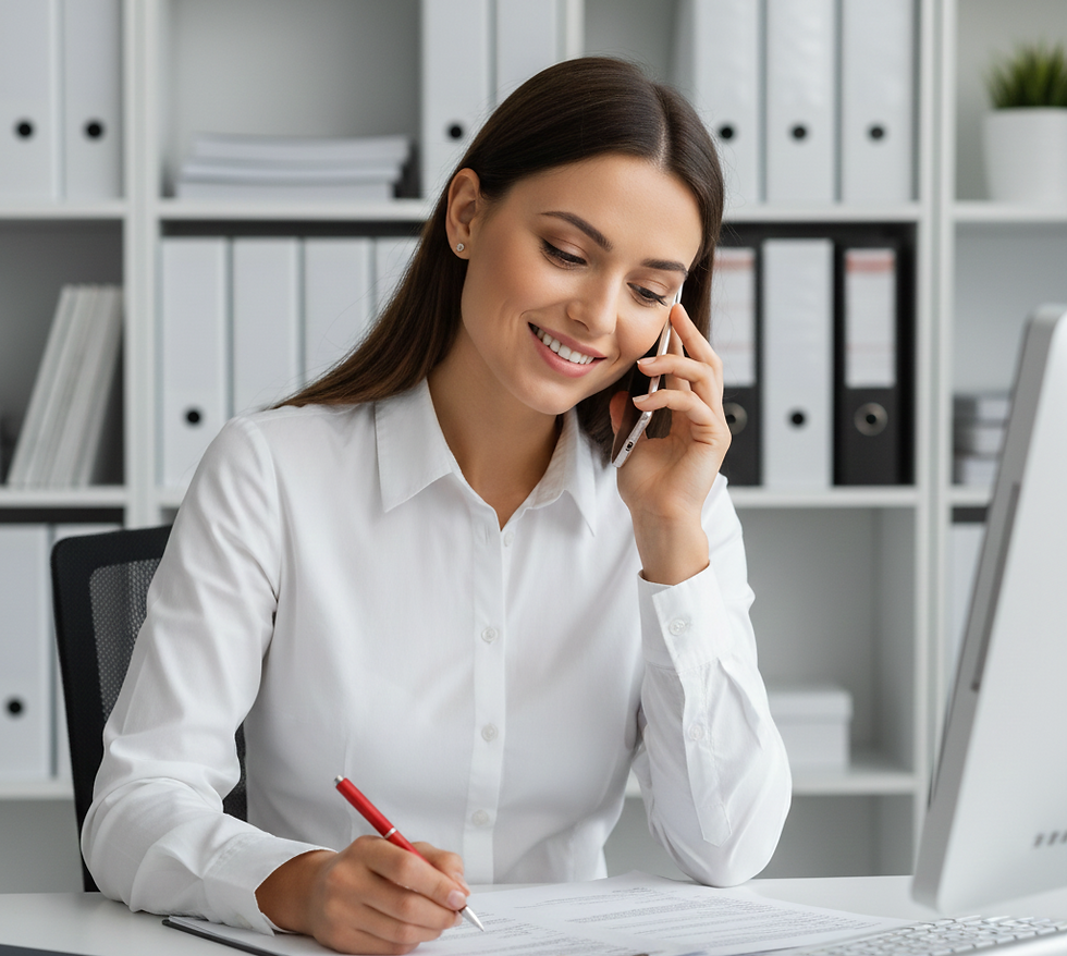 Photo en gros plan d'une femme professionnelle souriante, vêtue d'une chemise blanche formelle, en pleine consultation juridique par téléphone. Elle est assise à son bureau, les archives et classeurs (symboles d'organisation et de documentation) étant visibles en arrière-plan. La professionnelle est concentrée, prenant des notes détaillées avec un stylo rouge sur un document d'importance, un moniteur d'ordinateur et une souris en évidence sur le bureau. Cette image illustre la diligence professionnelle requise avant d'acheter une propriété au Costa Rica et souligne l'importance de l'accompagnement spécialisé pour analyser les règlements et les aspects financiers d'une copropriété (Loi 7933).