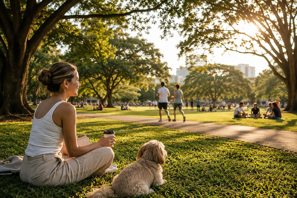 Residente disfrutando una tarde en un parque de Rohrmoser junto a su mascota, rodeada de amplias áreas verdes, senderos peatonales y espacios recreativos que reflejan la calidad de vida de la zona.