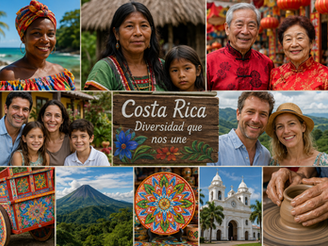 Collage fotográfico que refleja la diversidad cultural, paisajística y humana de Costa Rica para la guía de expatriados.