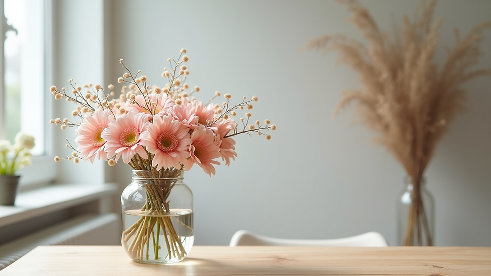 Vue de côté d’un bouquet de fleurs séchées pastel sur une table de chevet en bois clair