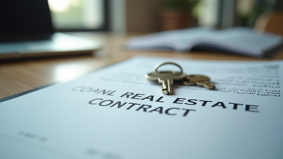 Close-up view of a real estate contract and keys on a desk in a UAE office